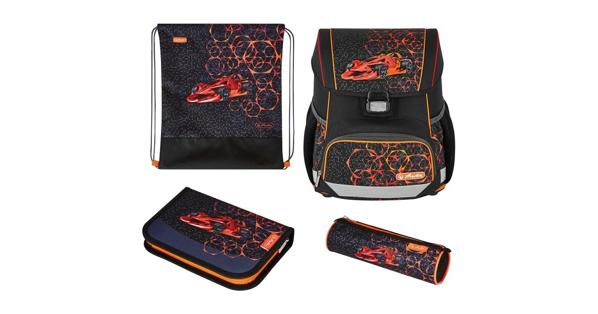Herlitz Loop Plus Mechanic, Schulranzen(schwarz/hellorange, inkl. 16 tlg. Schüleretui, Faulenzermäppchen, Sportbeutel)