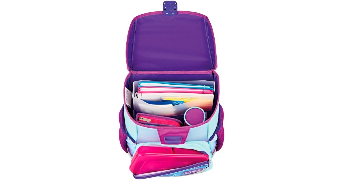 Herlitz Loop Plus Ocean in Heaven, Schulranzen(lila/hellblau, inkl. 16 tlg. Schüleretui, Faulenzer-Mäppchen, Sportbeutel)