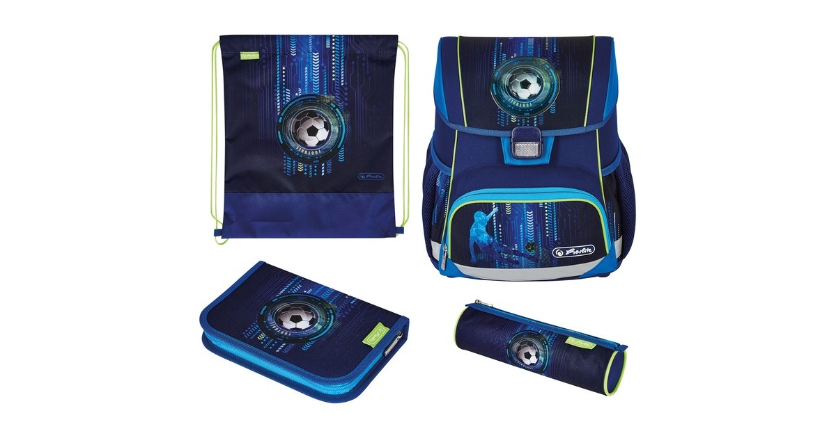 Herlitz Loop Plus Soccer, Schulranzen(blau, inkl. 16 tlg. Schüleretui, Faulenzermäppchen, Sportbeutel)