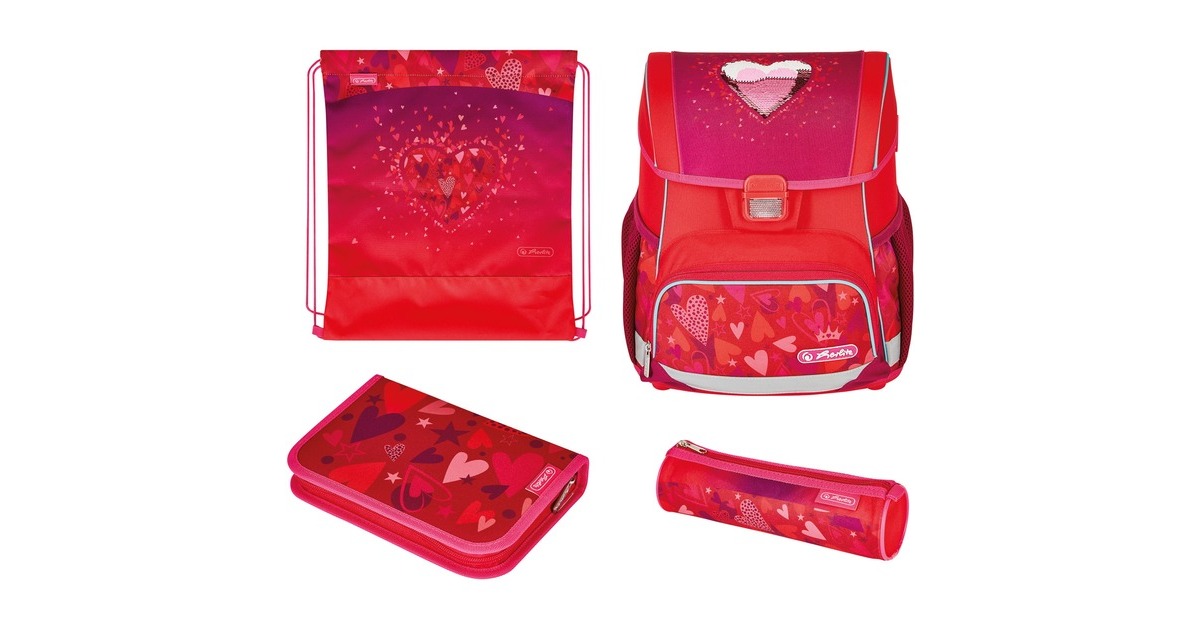 Herlitz Loop Plus Sweet Hearts, Schulranzen(rot, inkl. 16 tlg. Schüleretui, Faulenzermäppchen, Sportbeutel)