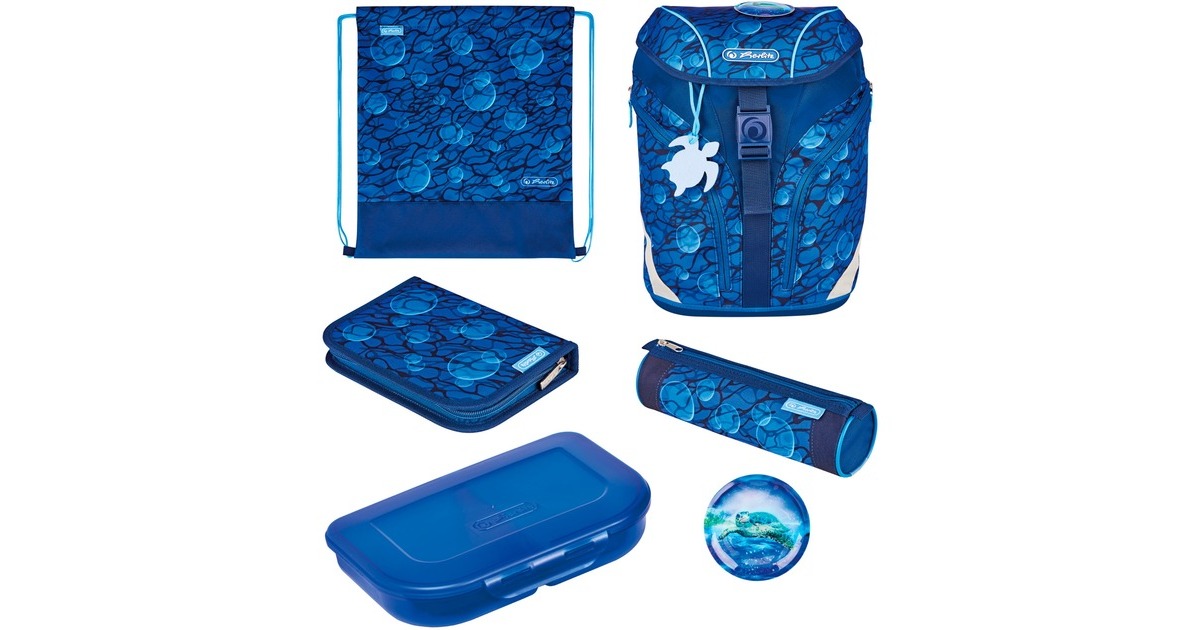 Herlitz SoftLight Plus GreenLine Deep Sea, Schulranzen(blau, inkl. befülltem 16 tlg. Schüleretui, Faulenzermäppchen, Sportbeutel)