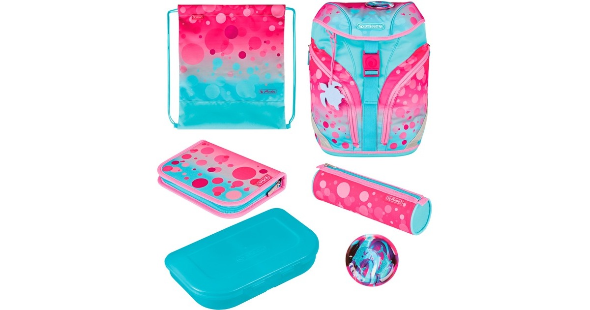 Herlitz SoftLight Plus GreenLine Pink Bubbles, Schulranzen(pink/hellblau, inkl. befülltem 16 tlg. Schüleretui, Faulenzermäppchen, Sportbeutel)