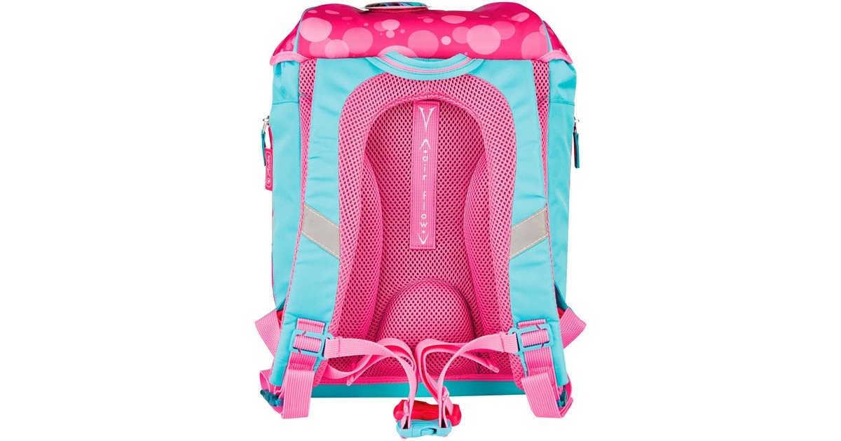 Herlitz SoftLight Plus GreenLine Pink Bubbles, Schulranzen(pink/hellblau, inkl. befülltem 16 tlg. Schüleretui, Faulenzermäppchen, Sportbeutel)