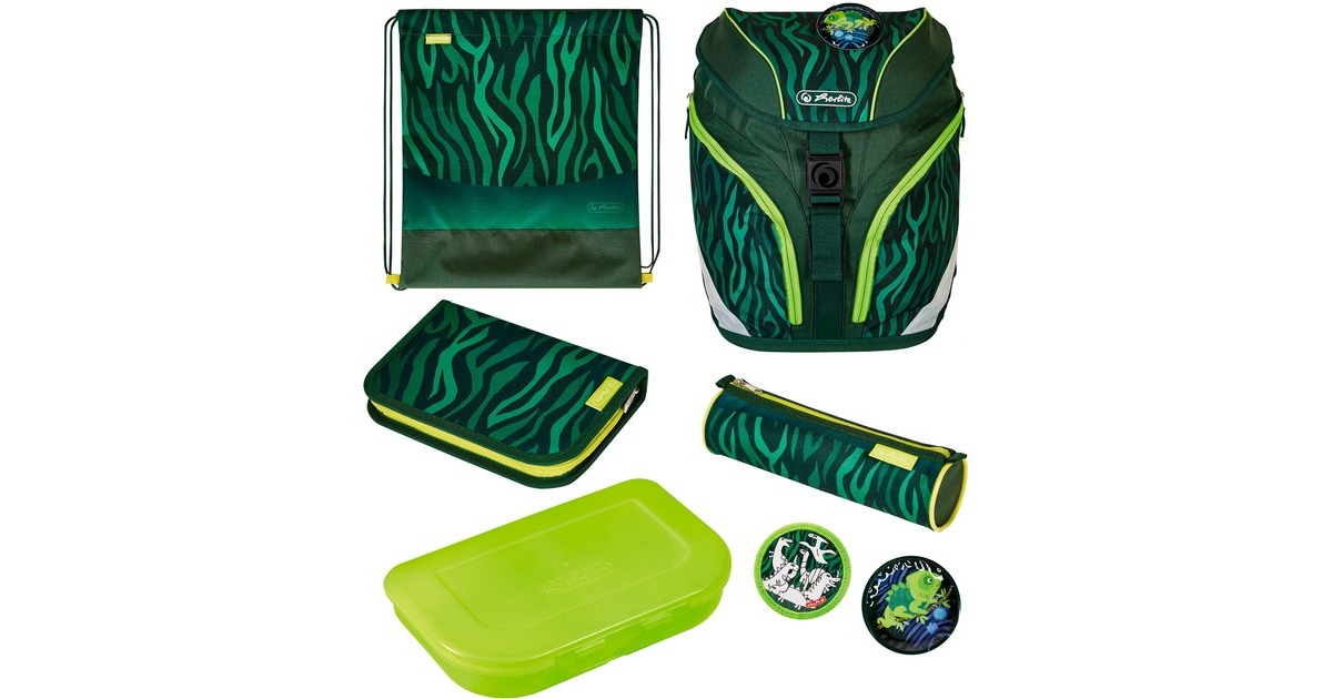 Herlitz SoftLight Plus Jungle, Schulranzen(grün/dunkelgrün, inkl. befülltem 16 tlg. Schüleretui, Faulenzermäppchen, Sportbeutel)