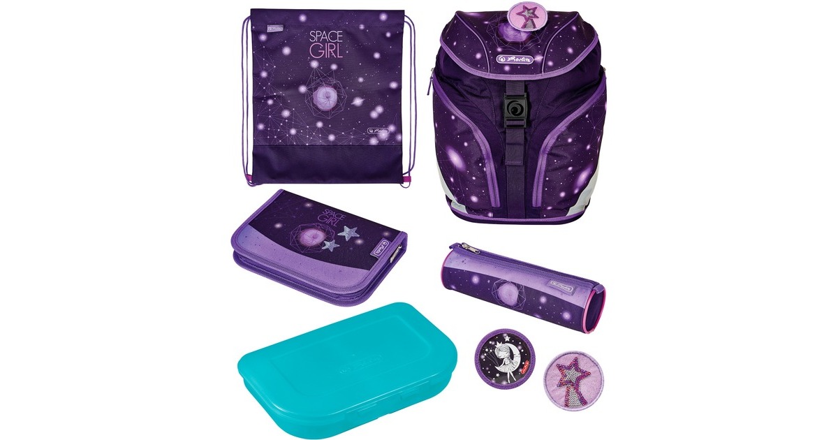 Herlitz SoftLight Plus Space Girl, Schulranzen(violett, inkl. befülltem 16 tlg. Schüleretui, Faulenzermäppchen, Sportbeutel)