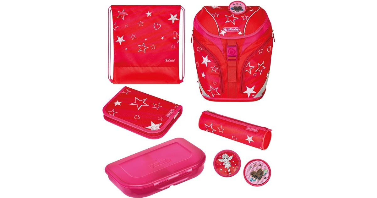 Herlitz SoftLight Plus Stars&Strips, Schulranzen(rot, inkl. befülltem 16 tlg. Schüleretui, Faulenzermäppchen, Sportbeutel)