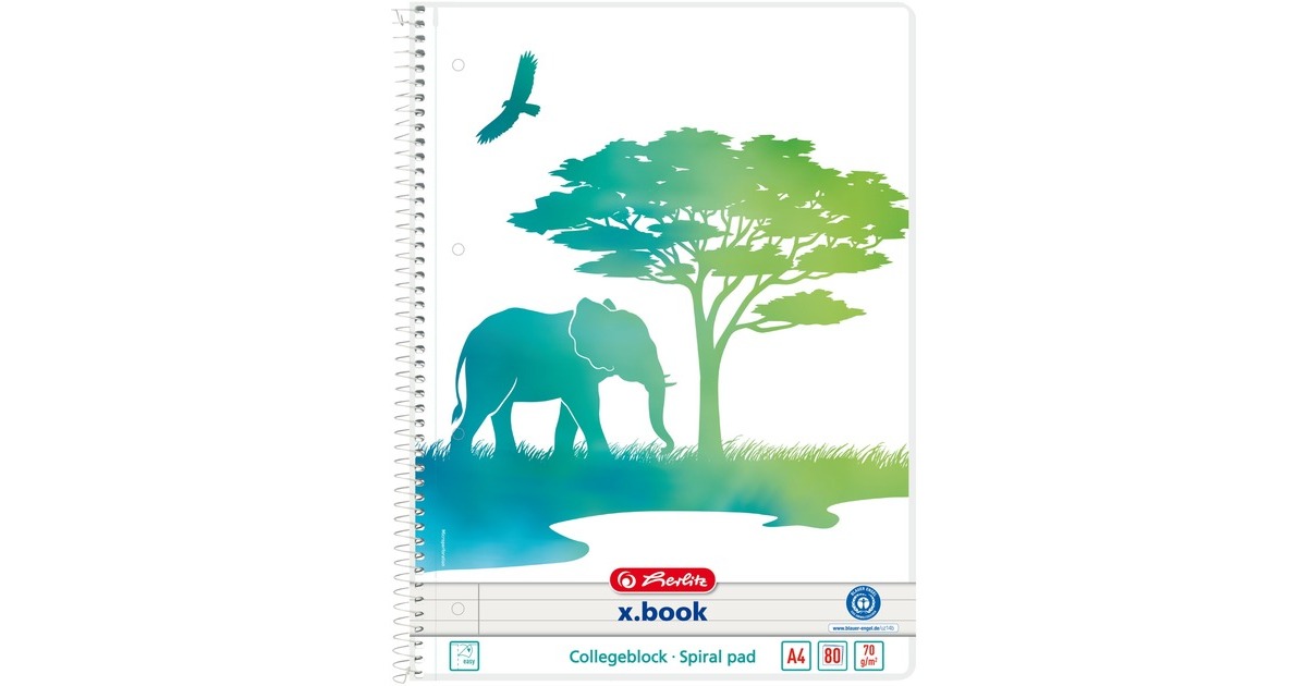 Herlitz Spiralblock A4 GREENline Elefant, College Block(liniert mit Rand, A4)