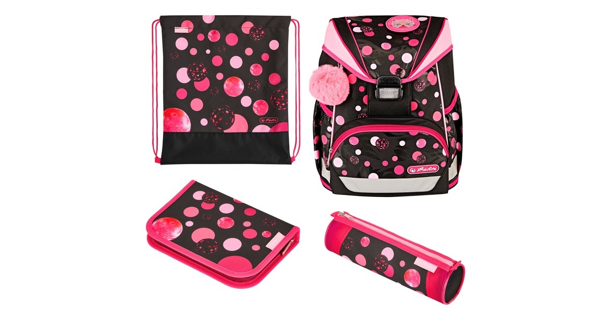 Herlitz UltraLight Plus Cats & Dots, Schulranzen(pink/braun, inkl. 16 tlg. Schüleretui, Faulenzermäppchen, Sportbeutel)