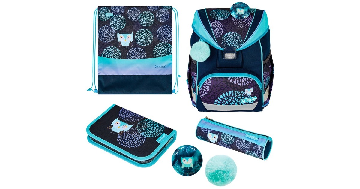 Herlitz UltraLight Plus Flower Owl, Schulranzen(blau/lila, inkl. 16 tlg. Schüleretui, Faulenzermäppchen, Sportbeutel)