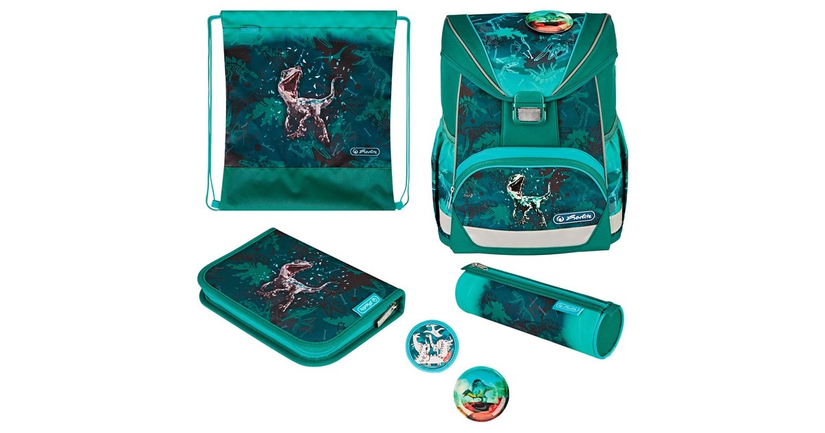 Herlitz UltraLight Plus Green Rex, Schulranzen(grün/grau, inkl. 16 tlg. Schüleretui, Faulenzermäppchen, Sportbeutel)