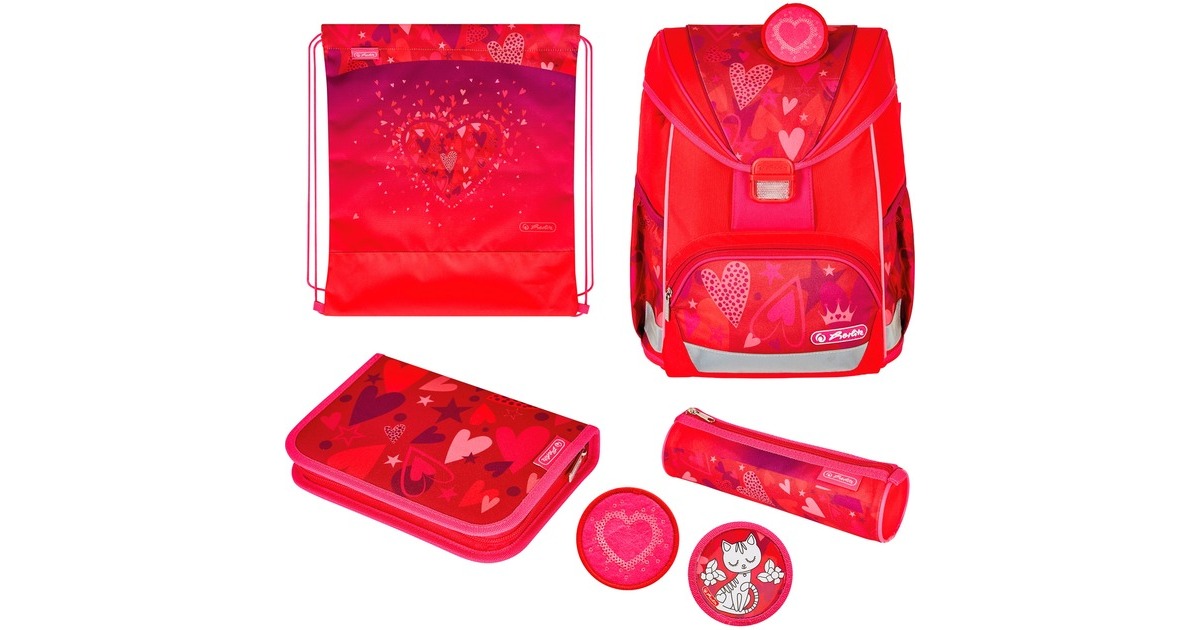 Herlitz UltraLight Plus Sweet Hearts, Schulranzen(rot/rosa, inkl. 16 tlg. Schüleretui, Faulenzermäppchen, Sportbeutel)
