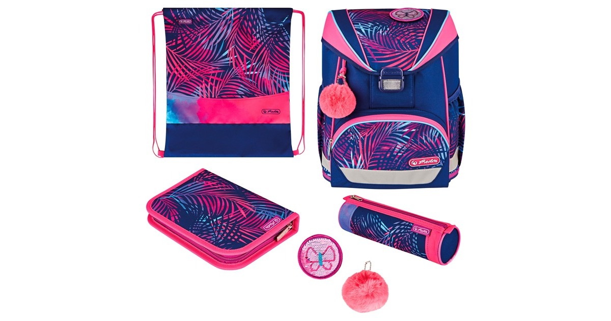 Herlitz UltraLight Plus Tropical Chill, Schulranzen(pink/blau, inkl. 16 tlg. Schüleretui, Faulenzermäppchen, Sportbeutel)