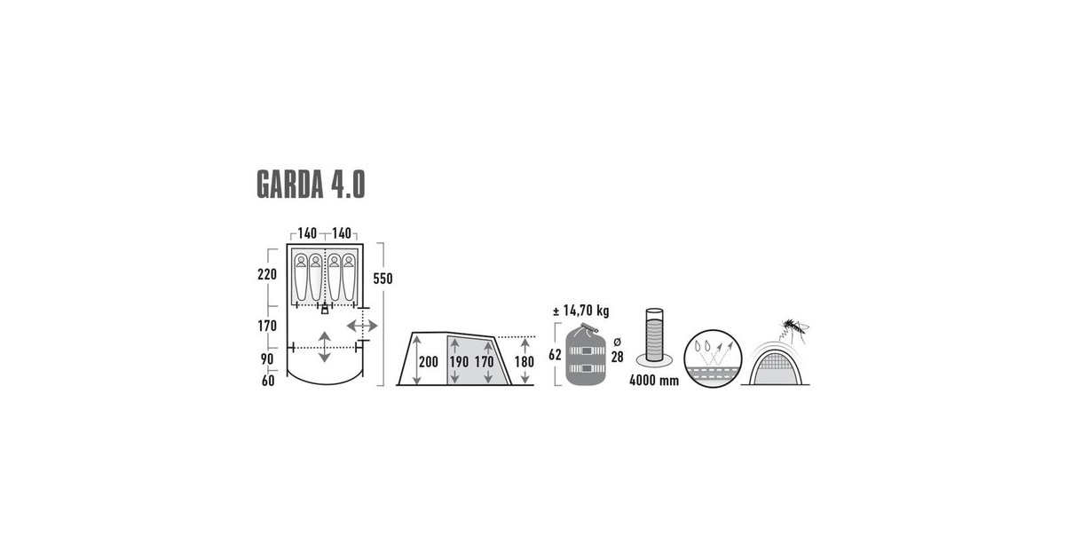 High Peak Familien-Tunnelzelt Garda 4.0(grau/grün)