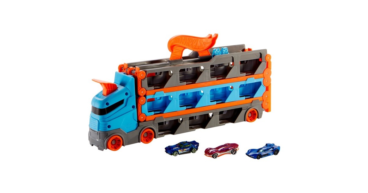 Hot Wheels 2-in-1 Rennbahn-Transporter, Spielfahrzeug(blau/orange)
