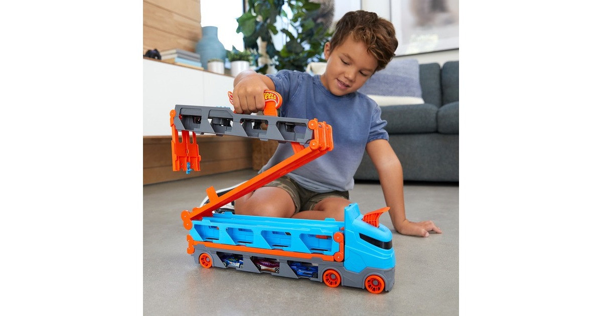 Hot Wheels 2-in-1 Rennbahn-Transporter, Spielfahrzeug(blau/orange)