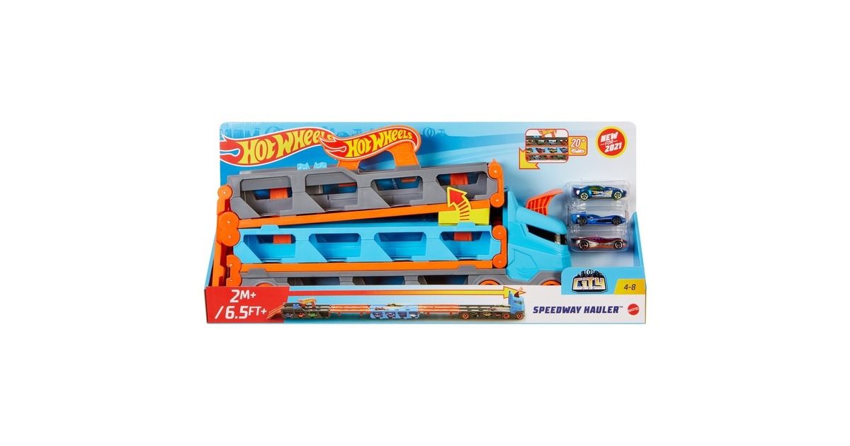 Hot Wheels 2-in-1 Rennbahn-Transporter, Spielfahrzeug(blau/orange)