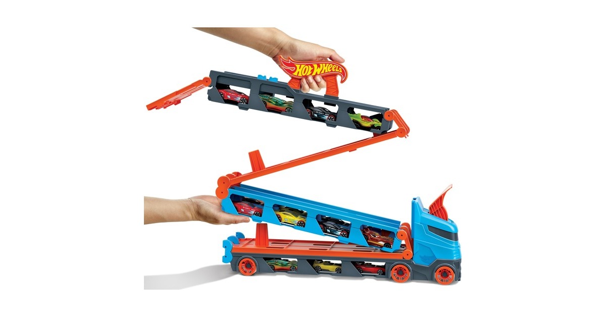 Hot Wheels 2-in-1 Rennbahn-Transporter, Spielfahrzeug(blau/orange)