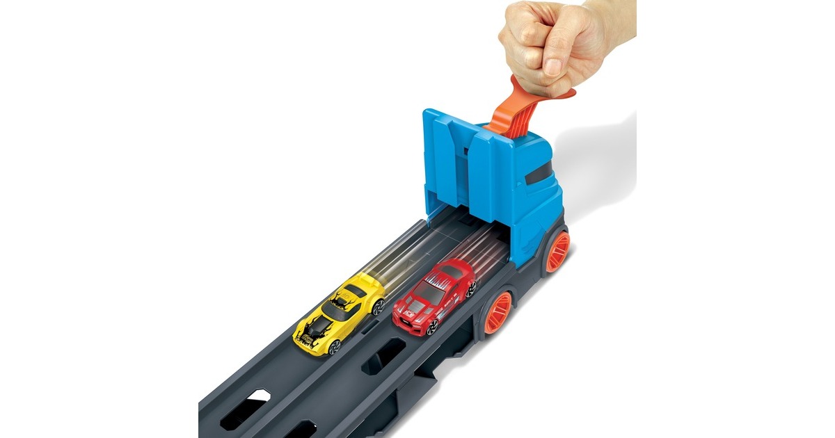 Hot Wheels 2-in-1 Rennbahn-Transporter, Spielfahrzeug(blau/orange)