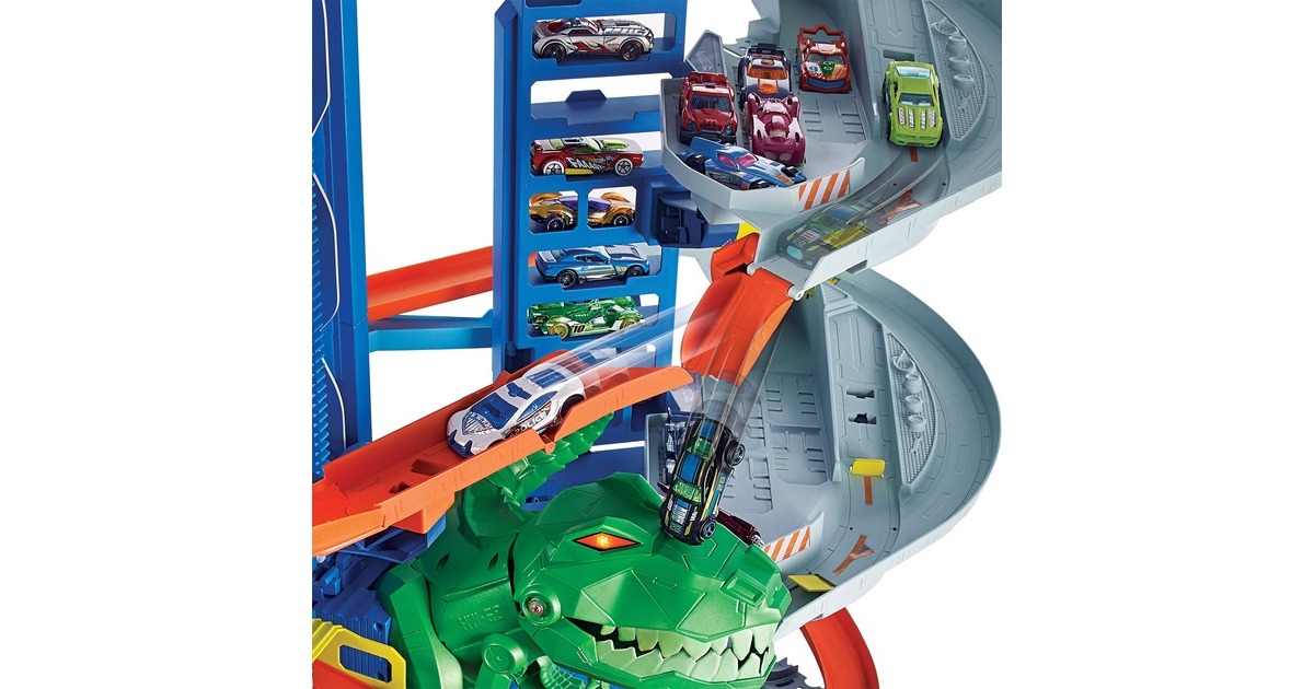 Hot Wheels Megacity Parkgarage mit T-Rex-Angriff, Spielgebäude(Inkl. 2 Hot Wheels Fahrzeuge)