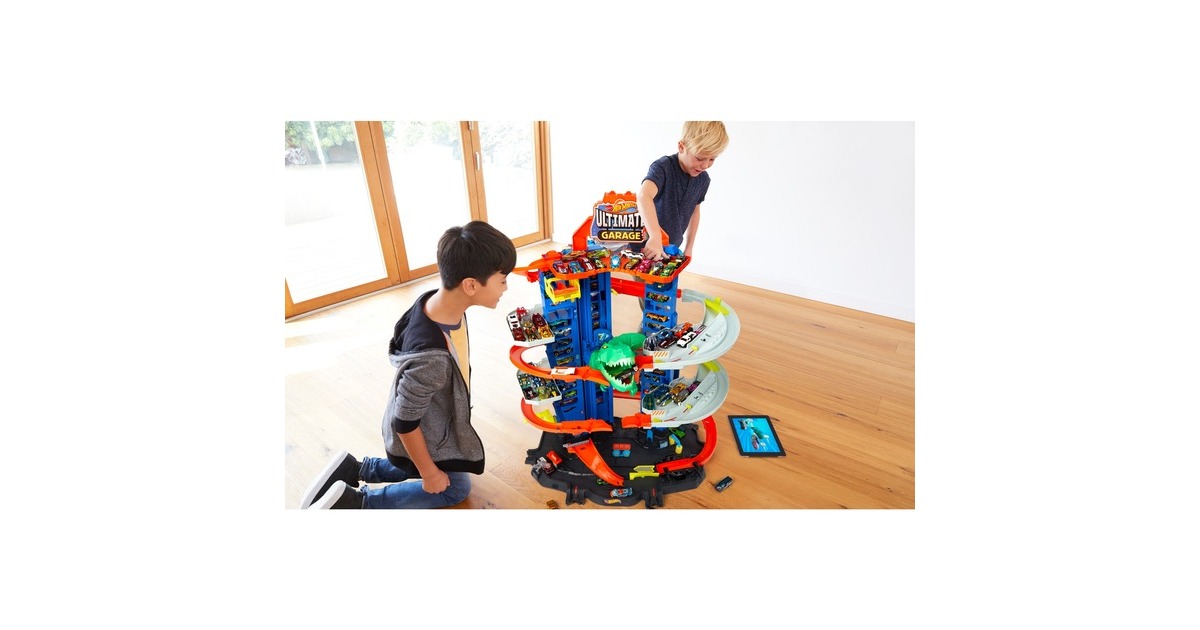 Hot Wheels Megacity Parkgarage mit T-Rex-Angriff, Spielgebäude(Inkl. 2 Hot Wheels Fahrzeuge)