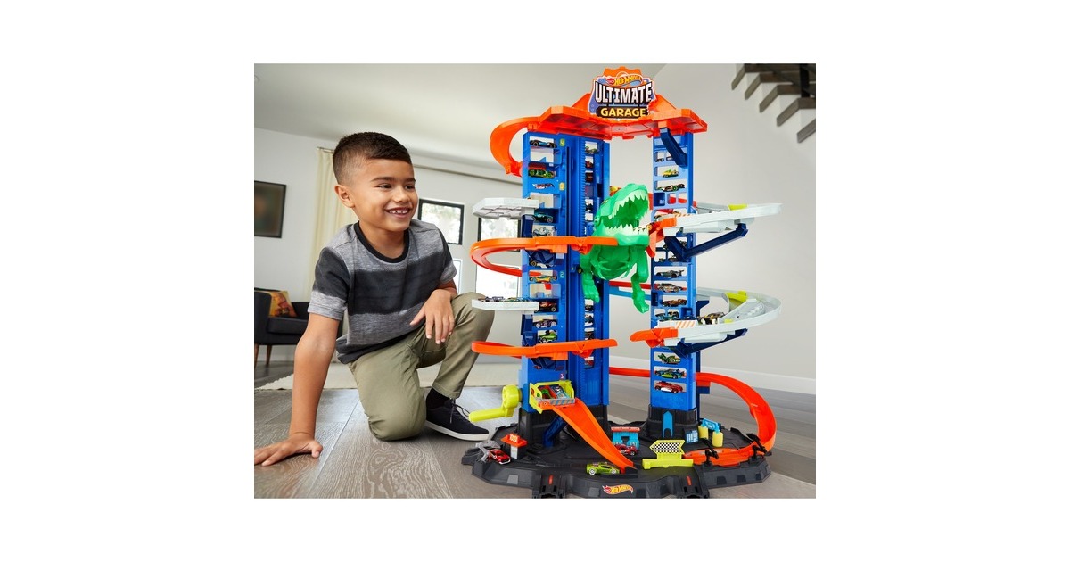 Hot Wheels Megacity Parkgarage mit T-Rex-Angriff, Spielgebäude(Inkl. 2 Hot Wheels Fahrzeuge)