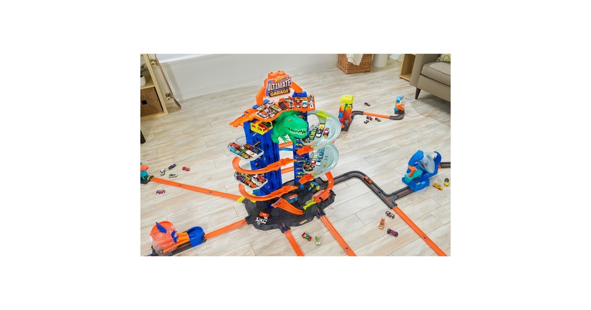 Hot Wheels Megacity Parkgarage mit T-Rex-Angriff, Spielgebäude(Inkl. 2 Hot Wheels Fahrzeuge)