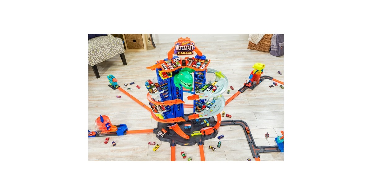 Hot Wheels Megacity Parkgarage mit T-Rex-Angriff, Spielgebäude(Inkl. 2 Hot Wheels Fahrzeuge)