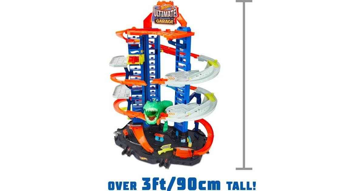 Hot Wheels Megacity Parkgarage mit T-Rex-Angriff, Spielgebäude(Inkl. 2 Hot Wheels Fahrzeuge)
