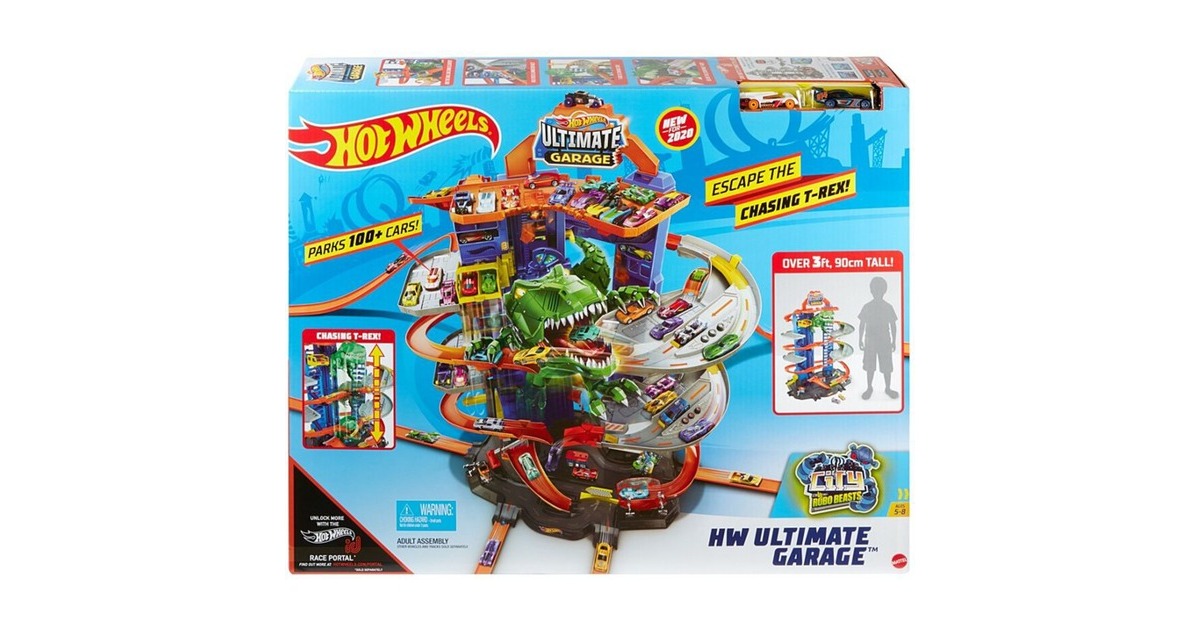 Hot Wheels Megacity Parkgarage mit T-Rex-Angriff, Spielgebäude(Inkl. 2 Hot Wheels Fahrzeuge)