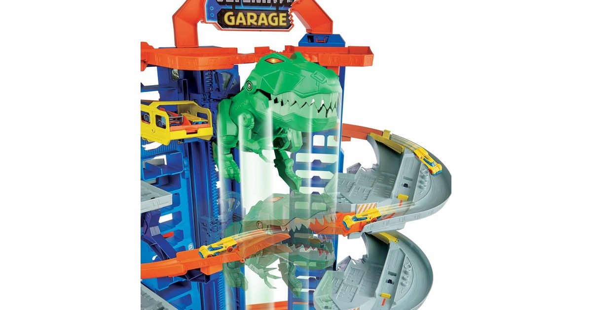 Hot Wheels Megacity Parkgarage mit T-Rex-Angriff, Spielgebäude(Inkl. 2 Hot Wheels Fahrzeuge)