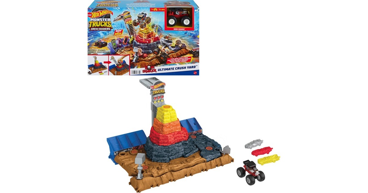 Hot Wheels Monster Trucks Arena World Main Event: Bone Shaker’s Ultimate Crush Yard, Rennbahn(inkl. 4 Spielzeugautos)