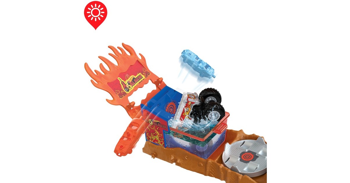 Hot Wheels Monster Trucks Arena World: 5-Alarm-Rettungsaktion, Spielfahrzeug(incl. 2 zerstörbare Color Shifters-Autos)