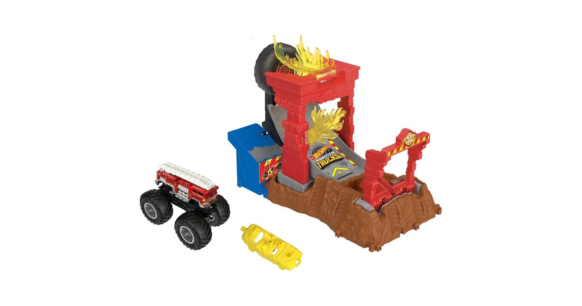 Hot Wheels Monster Trucks Arena World: Entry Challenge - 5 Alarm's Fire Smash Through, Rennbahn(inkl. 2 Spielzeugautos)