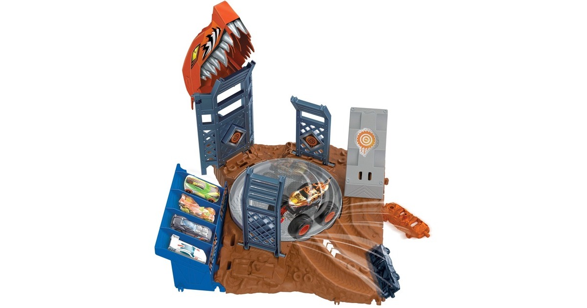 Hot Wheels Monster Trucks Arena World: Semi-Finals Asst - Tiger Shark's Spin Out Frenzy, Rennbahn(inkl. 3 Spielzeugautos)