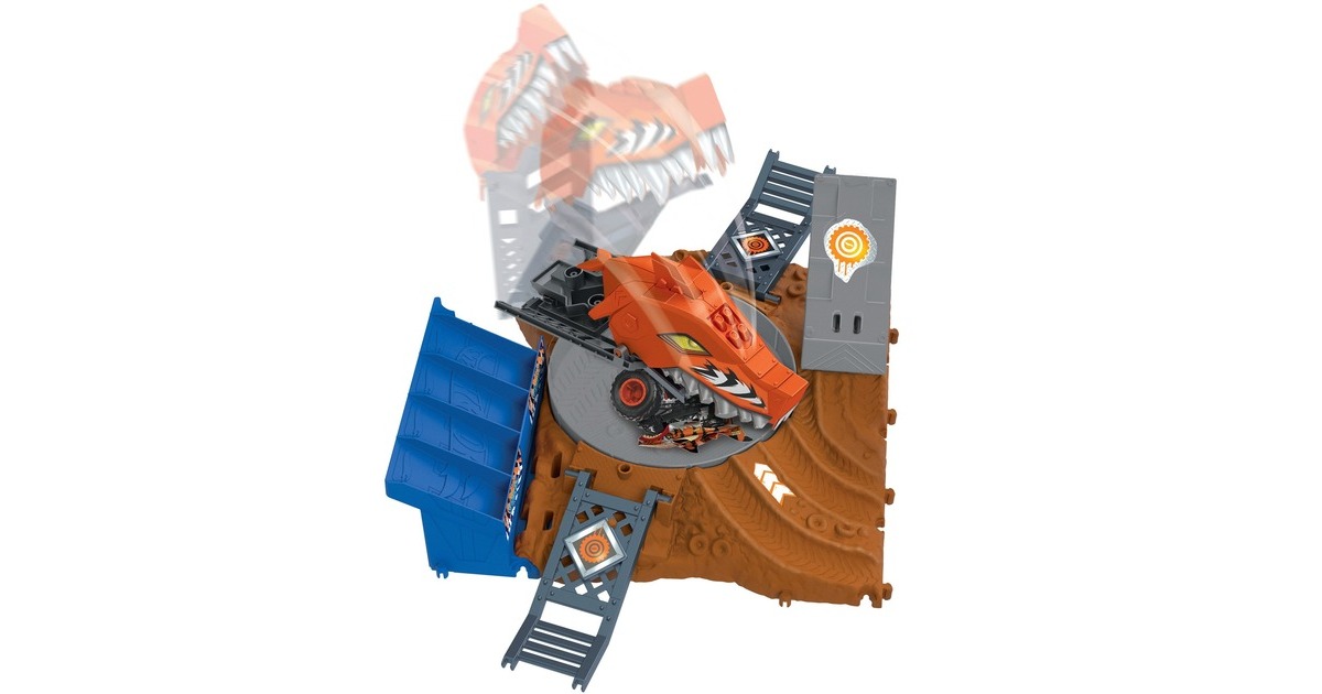 Hot Wheels Monster Trucks Arena World: Semi-Finals Asst - Tiger Shark's Spin Out Frenzy, Rennbahn(inkl. 3 Spielzeugautos)