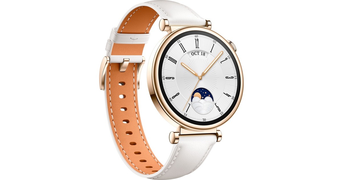 Huawei Watch GT4 41mm (Aurora-B19L), Smartwatch(gold/weiß, weiß-braunes Lederarmband)