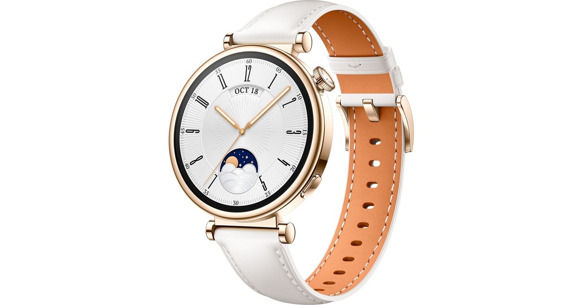 Huawei Watch GT4 41mm (Aurora-B19L), Smartwatch(gold/weiß, weiß-braunes Lederarmband)