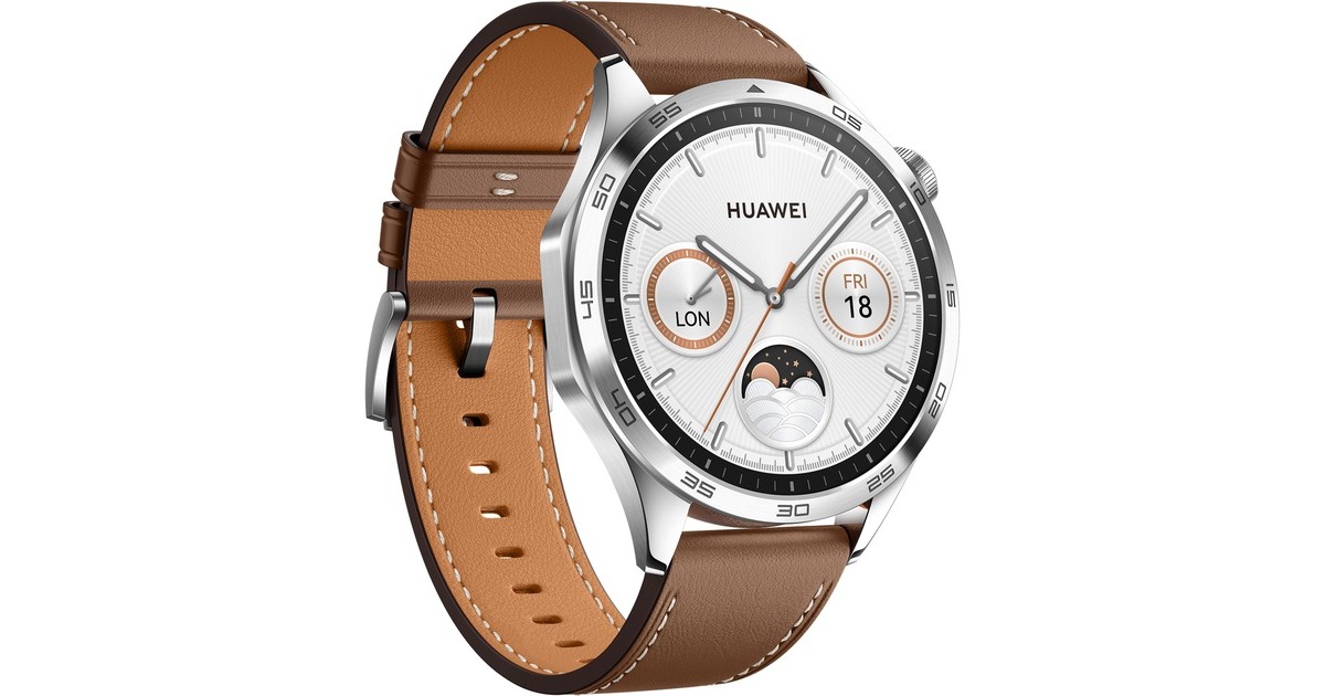 Huawei Watch GT4 46mm (Phoinix-B19L), Smartwatch(silber, braunes Lederarmband)