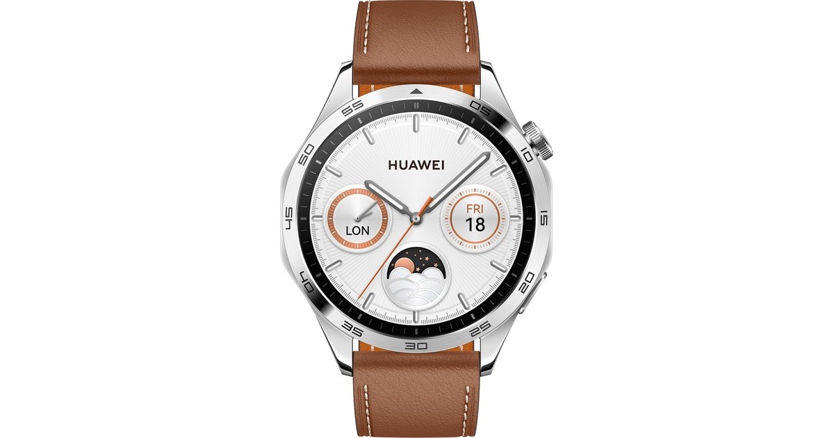 Huawei Watch GT4 46mm (Phoinix-B19L), Smartwatch(silber, braunes Lederarmband)