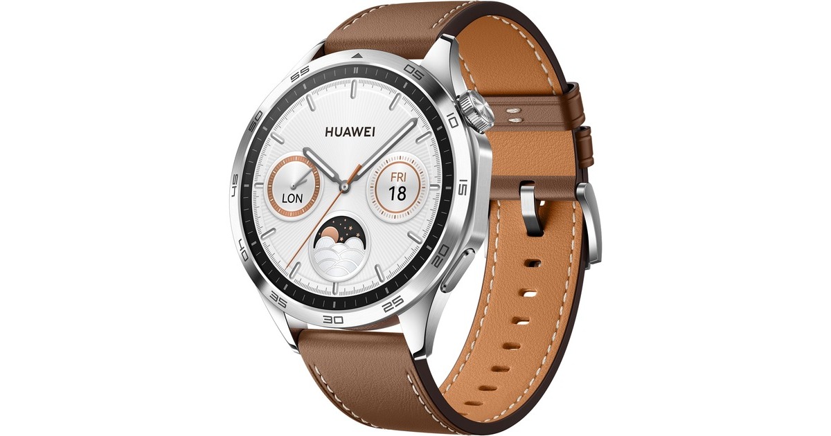 Huawei Watch GT4 46mm (Phoinix-B19L), Smartwatch(silber, braunes Lederarmband)