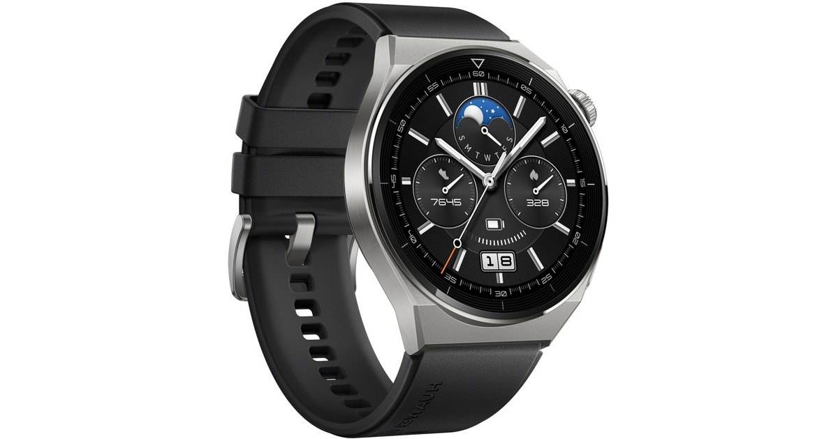 Huawei Watch GT 3 Pro Titanium, Smartwatch(titan, 46mm; Armband: schwarzes Fluorelastomer-Armband)