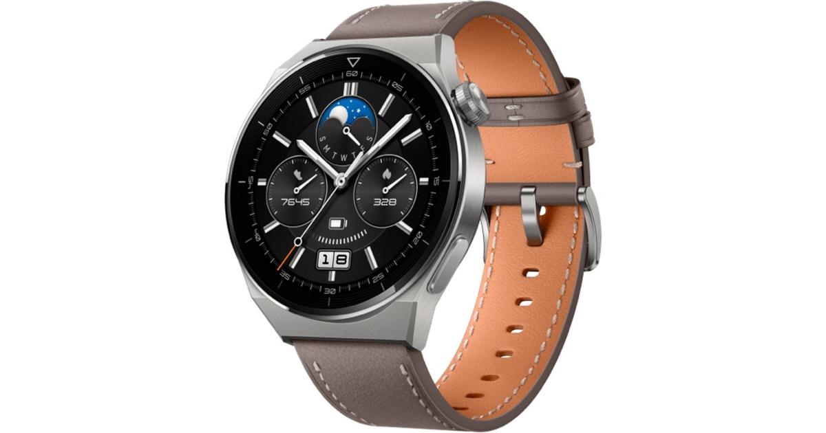 Huawei Watch GT 3 Pro Titanium, Smartwatch(titan, 46mm; Armband: graues Lederarmband)