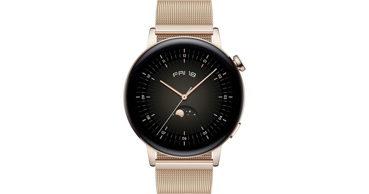 Huawei Watch GT 3, Smartwatch(schwarz/gold, 42mm; Armband: Gold, Milanaise-Armband)