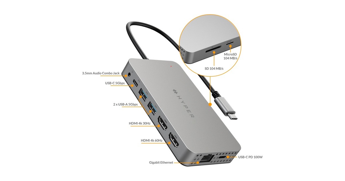 Hyper Dual 4K HDMI 10-in-1 USB-C, Dockingstation(silber, USB-C, HDMI, USB-A)