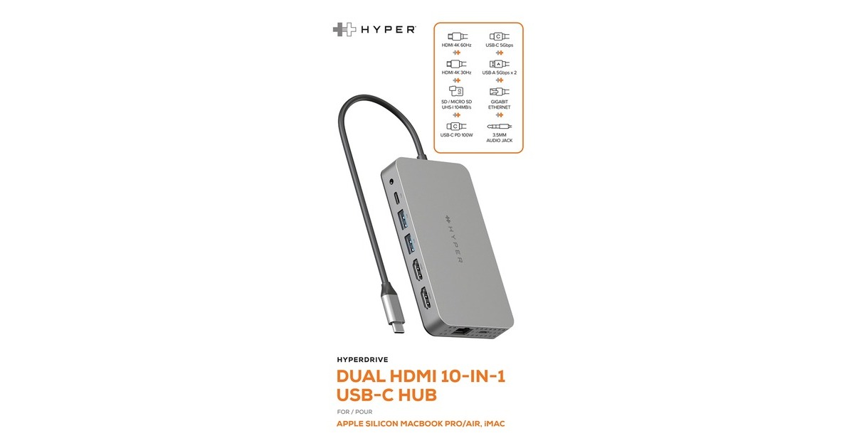 Hyper Dual 4K HDMI 10-in-1 USB-C, Dockingstation(silber, USB-C, HDMI, USB-A)