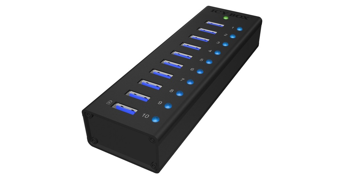 ICY BOX IB-AC6110, USB-Hub(schwarz, 10x USB 3.0, inkl. Ladeanschluss)