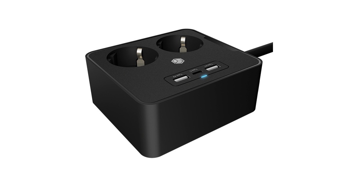 ICY BOX Steckdosenleiste IB-MPS2220B-CH, 2-fach, 3x USB(schwarz, 1,9 Meter Kabel, Schalter)