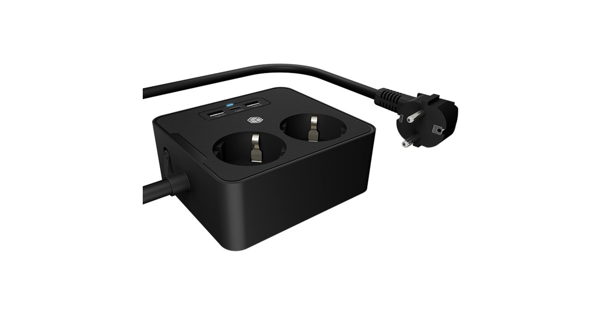 ICY BOX Steckdosenleiste IB-MPS2220B-CH, 2-fach, 3x USB(schwarz, 1,9 Meter Kabel, Schalter)