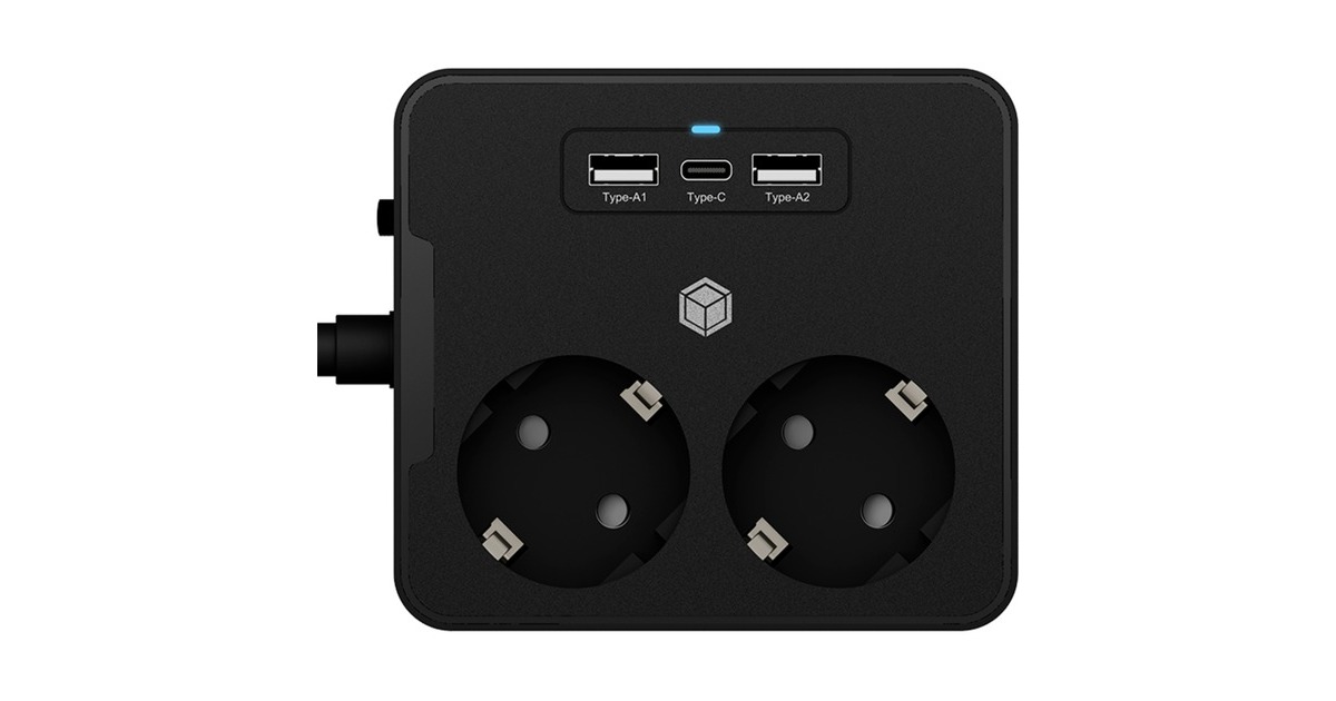 ICY BOX Steckdosenleiste IB-MPS2220B-CH, 2-fach, 3x USB(schwarz, 1,9 Meter Kabel, Schalter)