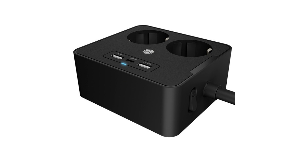 ICY BOX Steckdosenleiste IB-MPS2220B-CH, 2-fach, 3x USB(schwarz, 1,9 Meter Kabel, Schalter)